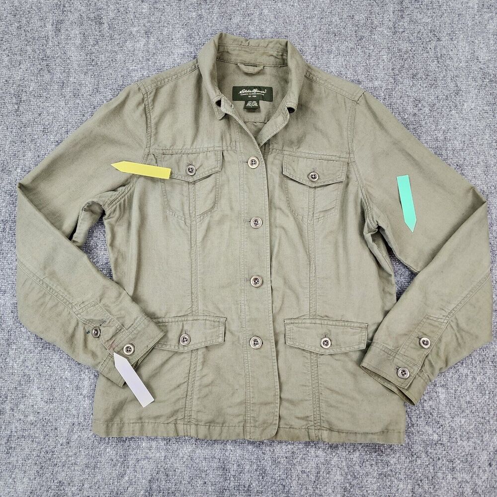 Eddie Bauer Jacket Women Large Green Linen Blend Metal Button Casual Safari Coat - Picture 11 of 16